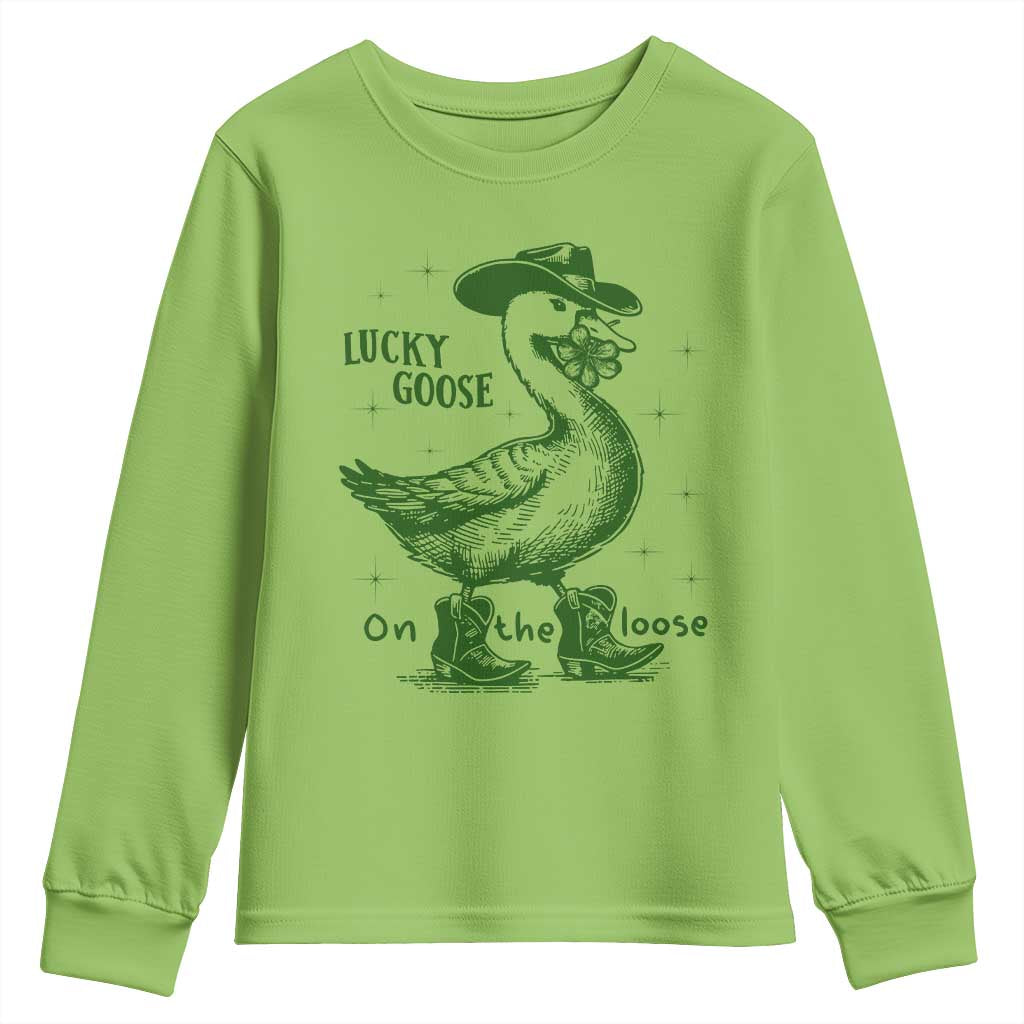 Funny St Patrick's Day Lucky Goose On The Loose Youth Sweatshirt Cowboy Goose Shamrock TS11 Lime Print Your Wear