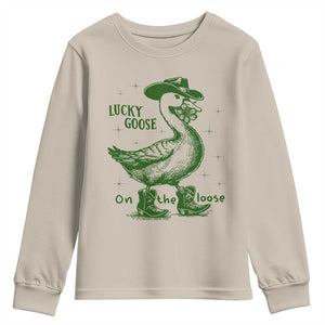 Funny St Patrick's Day Lucky Goose On The Loose Youth Sweatshirt Cowboy Goose Shamrock TS11 Sand Print Your Wear