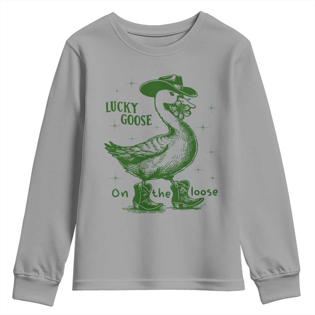 Funny St Patrick's Day Lucky Goose On The Loose Youth Sweatshirt Cowboy Goose Shamrock TS11 Sport Gray Print Your Wear