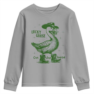 Funny St Patrick's Day Lucky Goose On The Loose Youth Sweatshirt Cowboy Goose Shamrock TS11 Sport Gray Print Your Wear