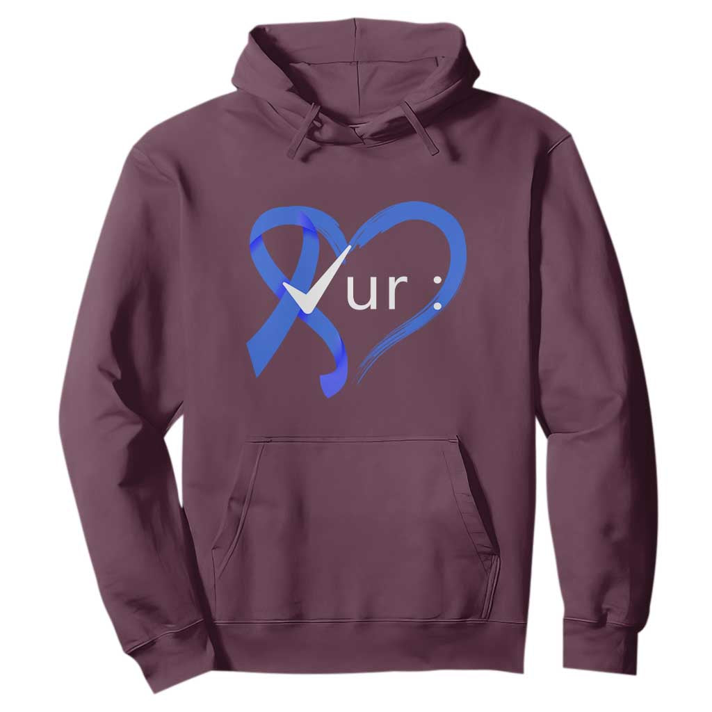 Funny Check Your Colon Colorectal Cancer Awareness Hoodie Dark Blue Ribbon Heart TS11 Maroon Print Your Wear
