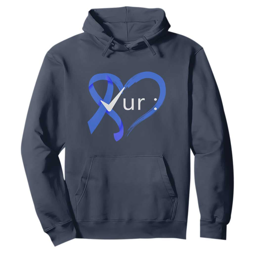Funny Check Your Colon Colorectal Cancer Awareness Hoodie Dark Blue Ribbon Heart TS11 Navy Print Your Wear