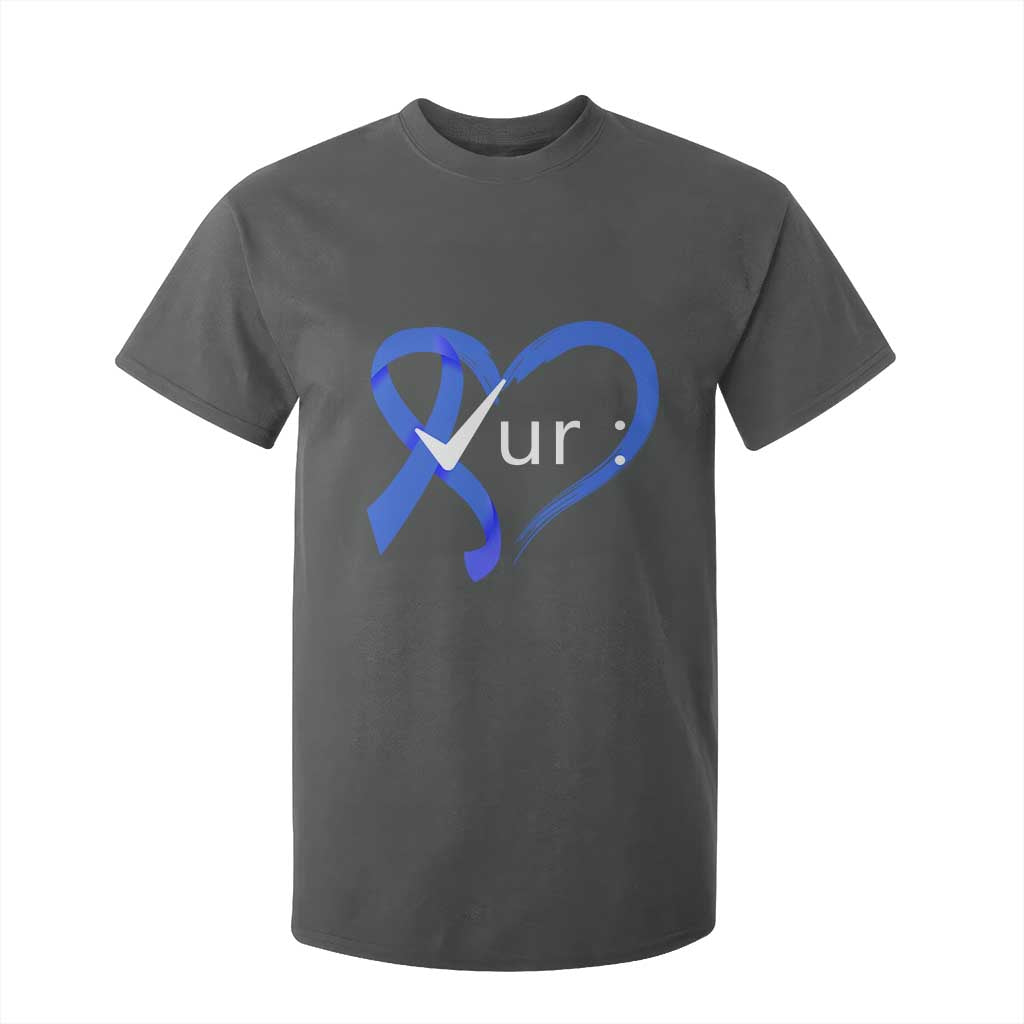 Funny Check Your Colon Colorectal Cancer Awareness T Shirt For Kid Dark Blue Ribbon Heart TS11 Dark Heather Print Your Wear