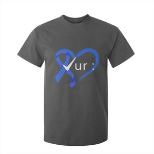 Funny Check Your Colon Colorectal Cancer Awareness T Shirt For Kid Dark Blue Ribbon Heart TS11 Dark Heather Print Your Wear