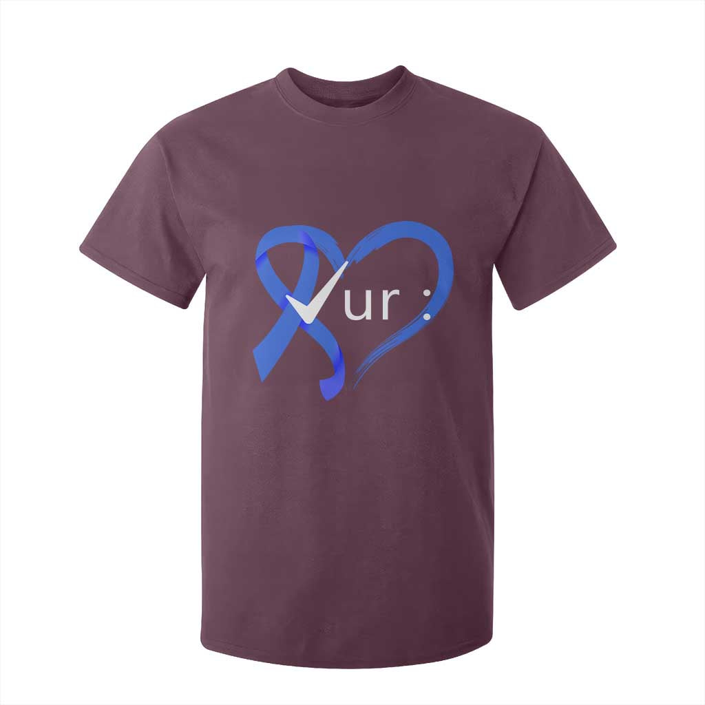 Funny Check Your Colon Colorectal Cancer Awareness T Shirt For Kid Dark Blue Ribbon Heart TS11 Maroon Print Your Wear