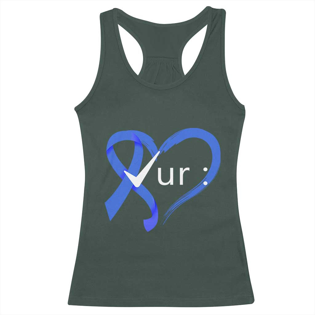 Funny Check Your Colon Colorectal Cancer Awareness Racerback Tank Top Dark Blue Ribbon Heart TS11 Dark Forest Green Print Your Wear