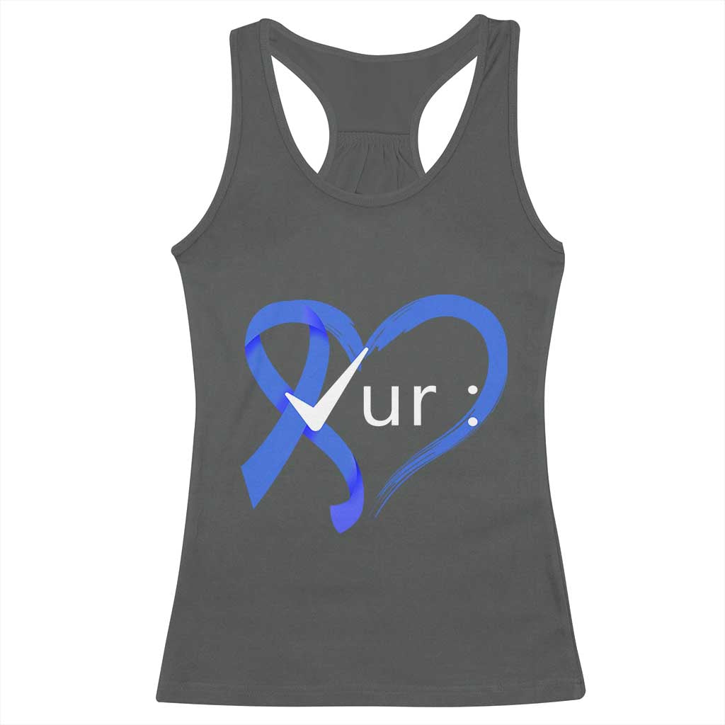 Funny Check Your Colon Colorectal Cancer Awareness Racerback Tank Top Dark Blue Ribbon Heart TS11 Dark Heather Print Your Wear