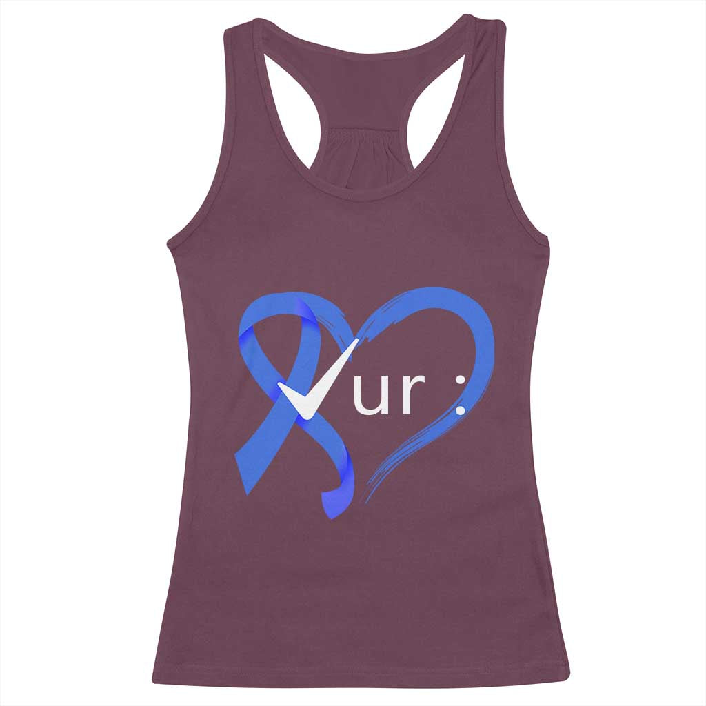 Funny Check Your Colon Colorectal Cancer Awareness Racerback Tank Top Dark Blue Ribbon Heart TS11 Maroon Print Your Wear