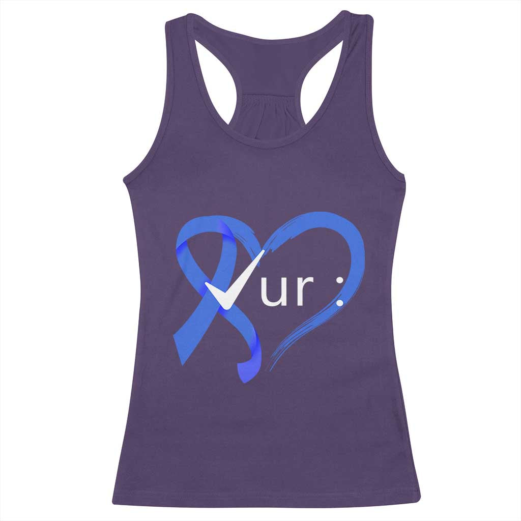 Funny Check Your Colon Colorectal Cancer Awareness Racerback Tank Top Dark Blue Ribbon Heart TS11 Purple Print Your Wear