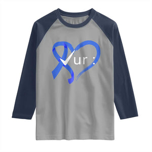 Funny Check Your Colon Colorectal Cancer Awareness Raglan Shirt Dark Blue Ribbon Heart TS11 Sport Gray Navy Print Your Wear