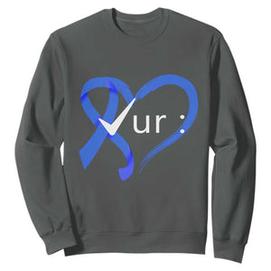 Funny Check Your Colon Colorectal Cancer Awareness Sweatshirt Dark Blue Ribbon Heart TS11 Dark Heather Print Your Wear