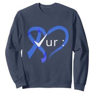Funny Check Your Colon Colorectal Cancer Awareness Sweatshirt Dark Blue Ribbon Heart TS11 Navy Print Your Wear