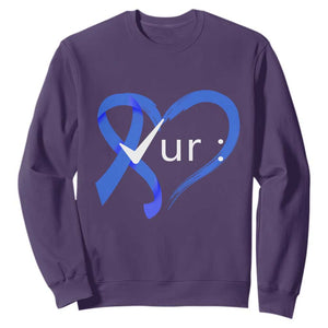 Funny Check Your Colon Colorectal Cancer Awareness Sweatshirt Dark Blue Ribbon Heart TS11 Purple Print Your Wear