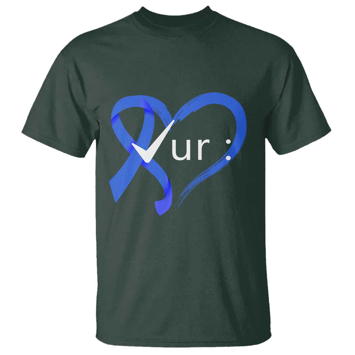 Funny Check Your Colon Colorectal Cancer Awareness T Shirt Dark Blue Ribbon Heart TS11 Dark Forest Green Print Your Wear