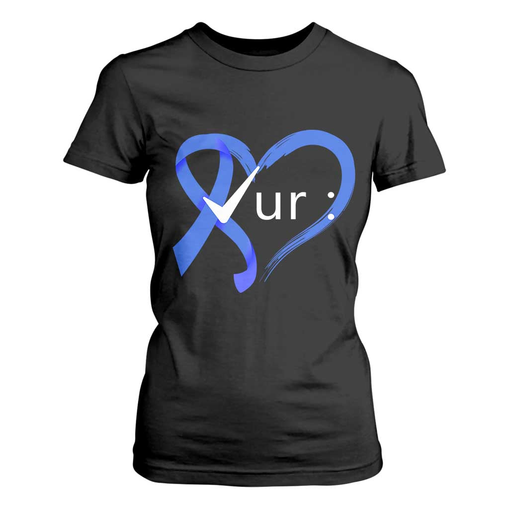 Funny Check Your Colon Colorectal Cancer Awareness T Shirt For Women Dark Blue Ribbon Heart TS11 Black Print Your Wear