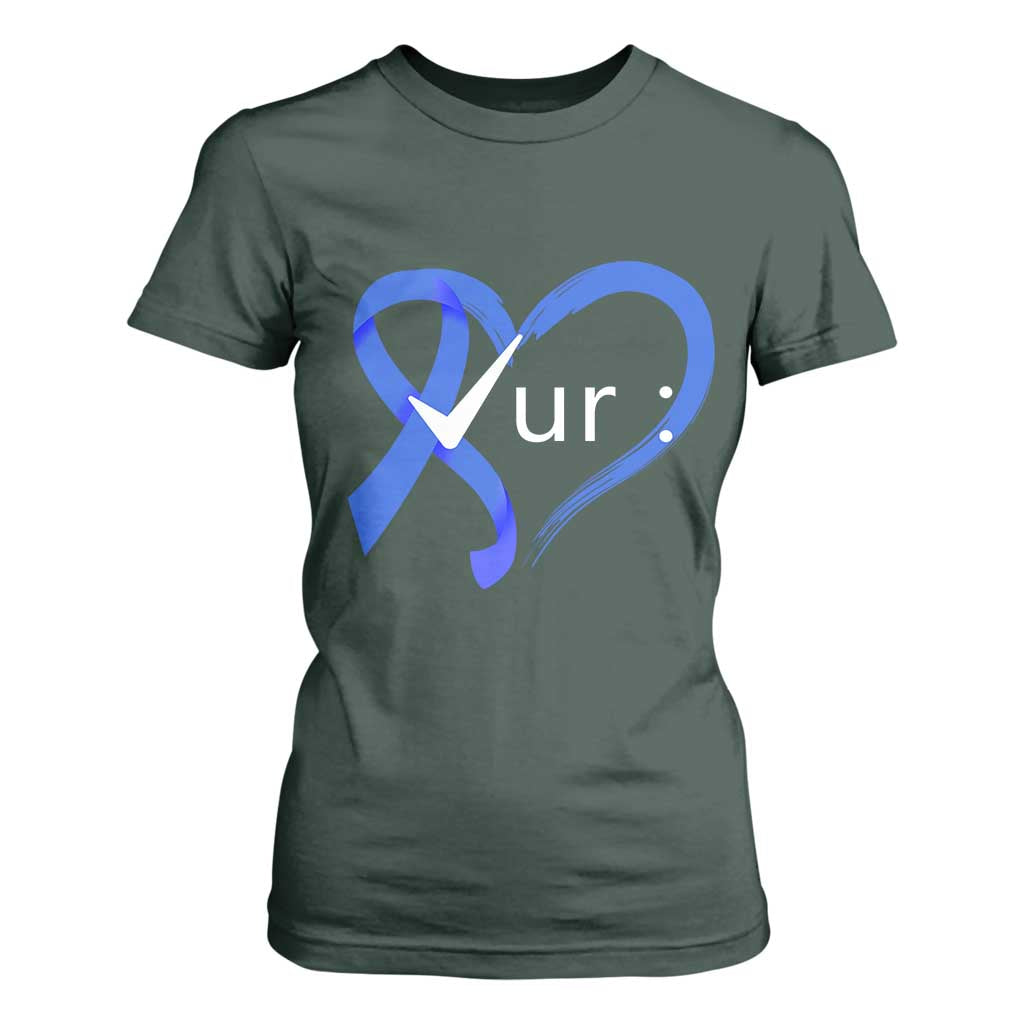 Funny Check Your Colon Colorectal Cancer Awareness T Shirt For Women Dark Blue Ribbon Heart TS11 Dark Forest Green Print Your Wear