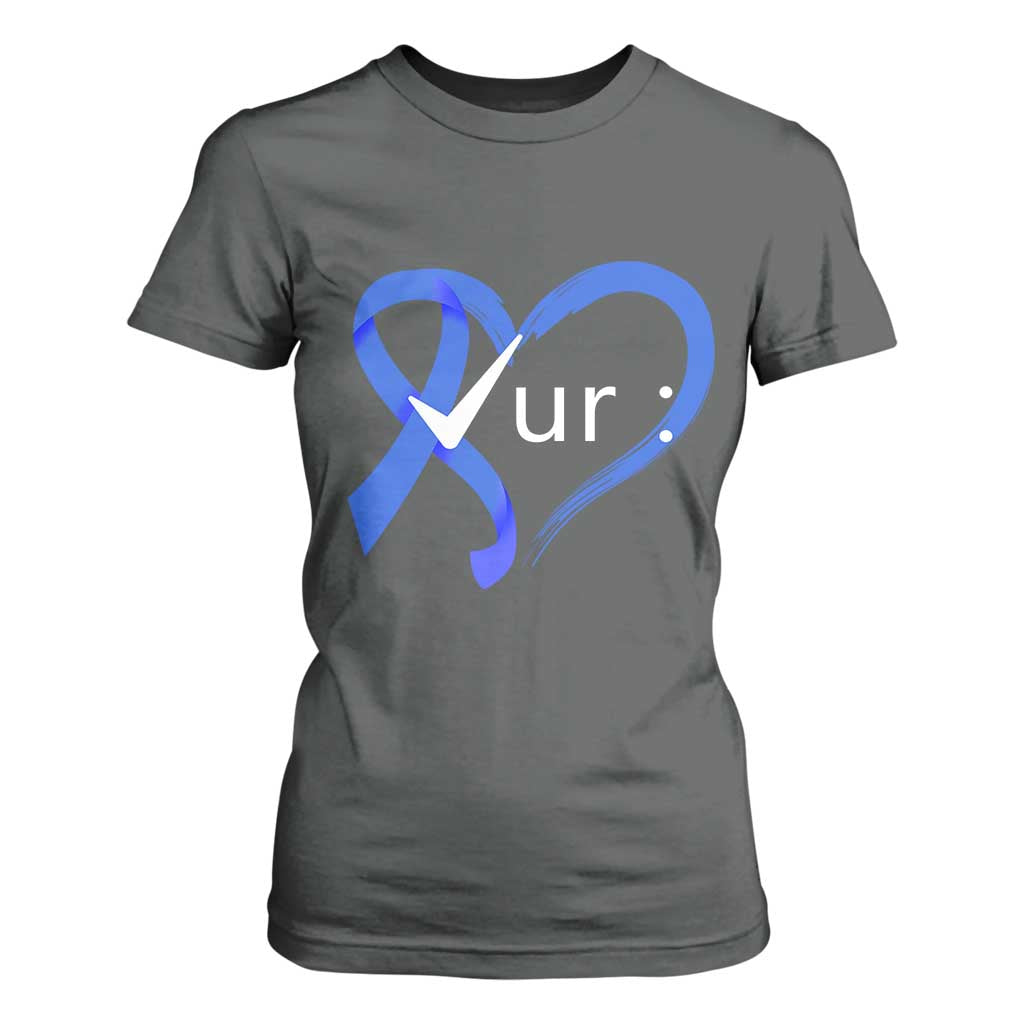 Funny Check Your Colon Colorectal Cancer Awareness T Shirt For Women Dark Blue Ribbon Heart TS11 Dark Heather Print Your Wear