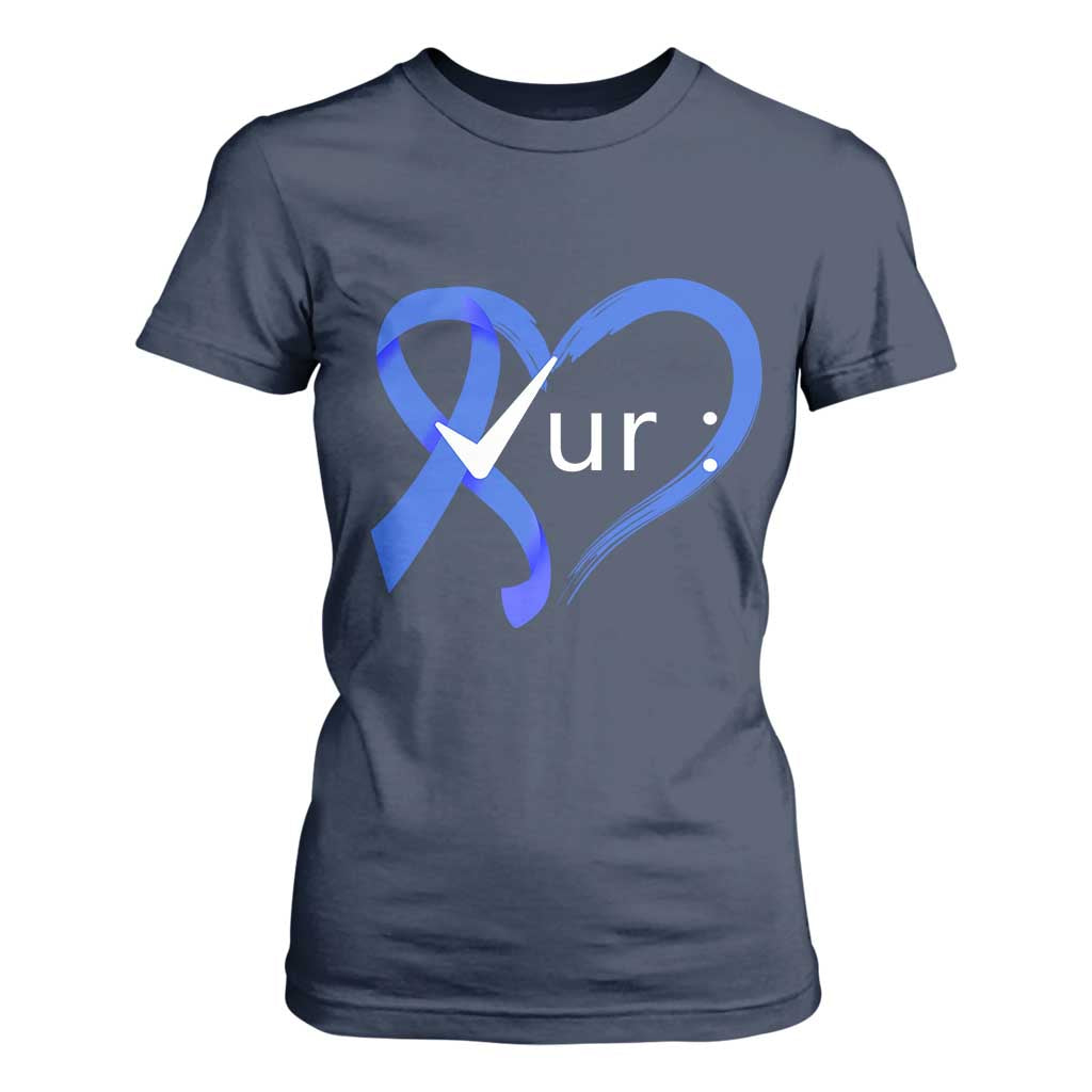 Funny Check Your Colon Colorectal Cancer Awareness T Shirt For Women Dark Blue Ribbon Heart TS11 Navy Print Your Wear