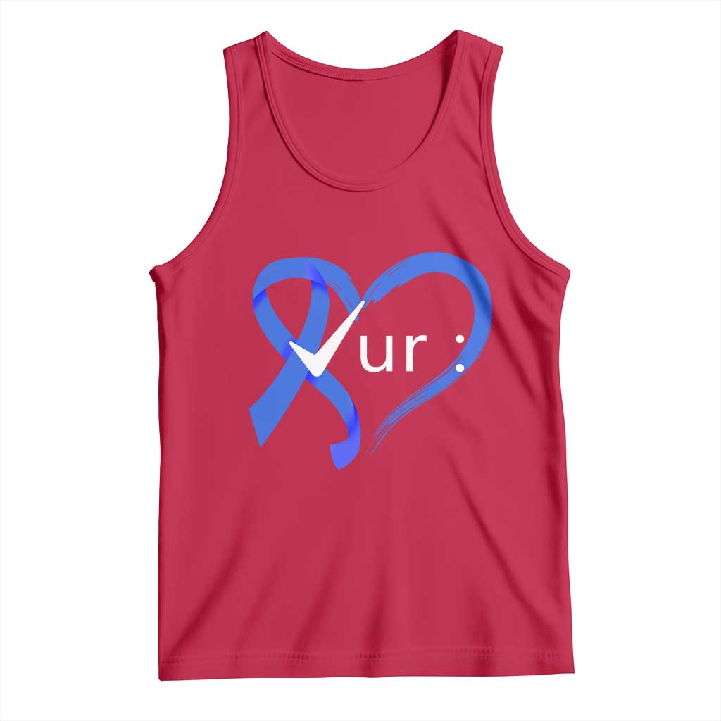 Funny Check Your Colon Colorectal Cancer Awareness Tank Top Dark Blue Ribbon Heart TS11 Red Print Your Wear