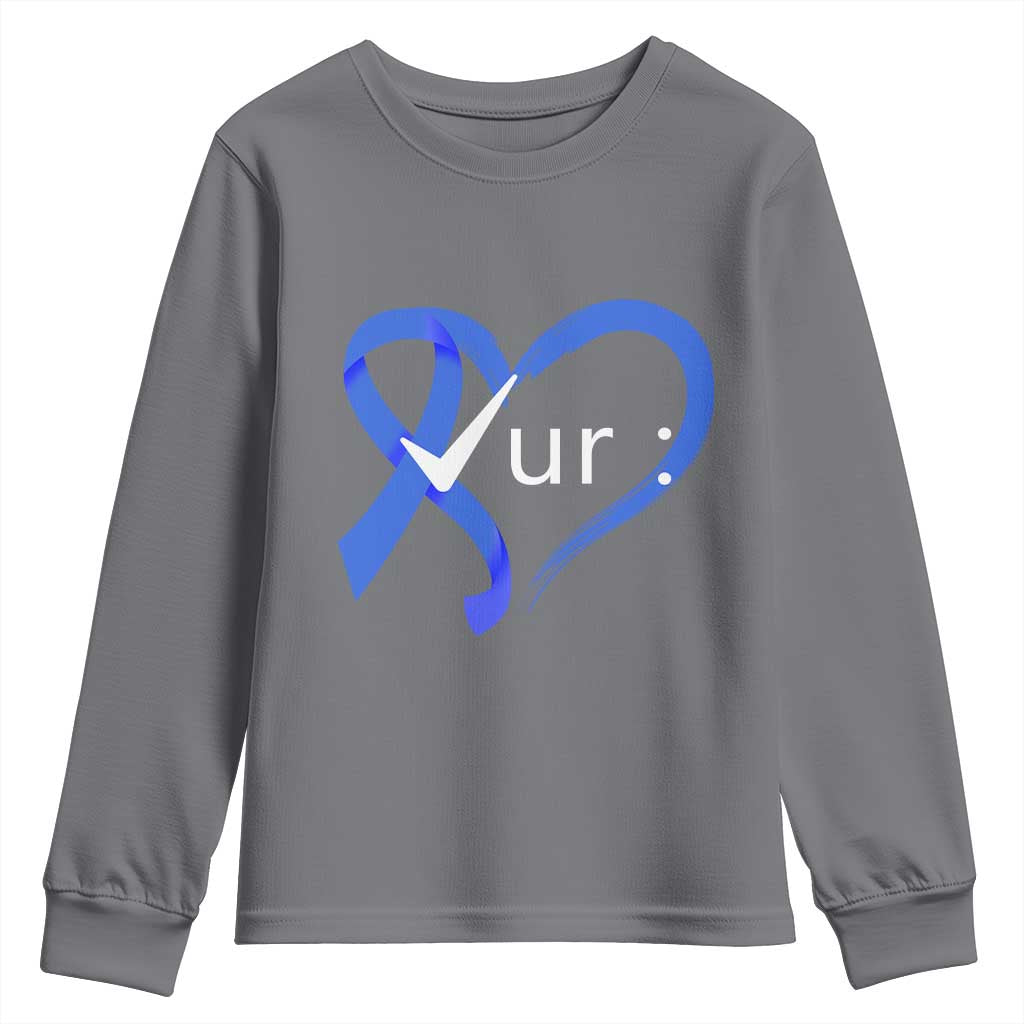 Funny Check Your Colon Colorectal Cancer Awareness Youth Sweatshirt Dark Blue Ribbon Heart TS11 Charcoal Print Your Wear