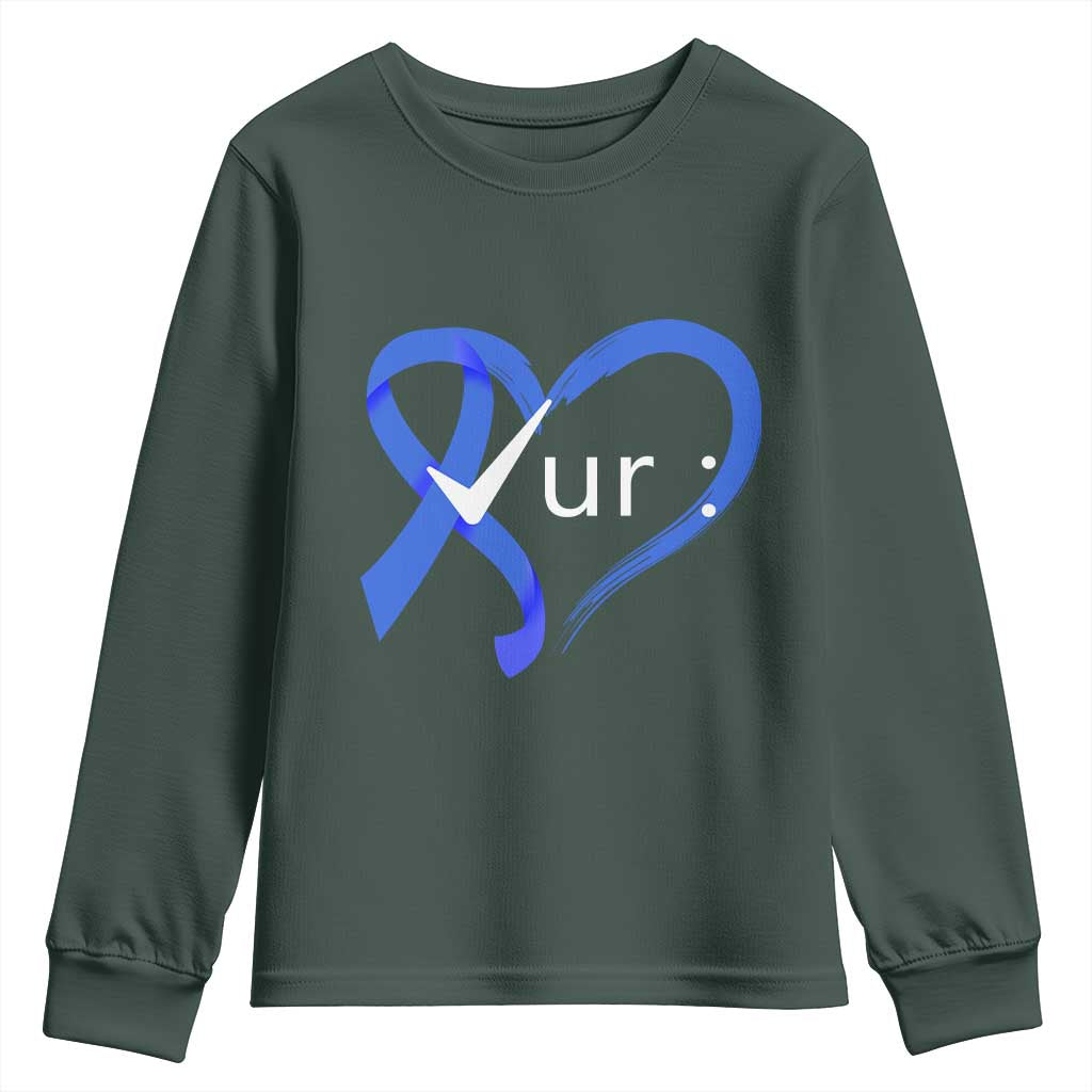 Funny Check Your Colon Colorectal Cancer Awareness Youth Sweatshirt Dark Blue Ribbon Heart TS11 Dark Forest Green Print Your Wear