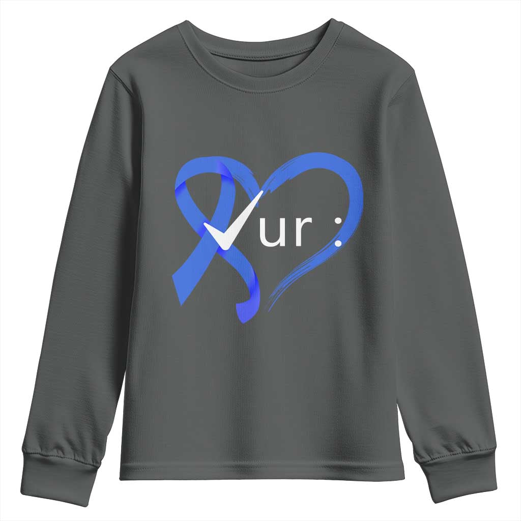Funny Check Your Colon Colorectal Cancer Awareness Youth Sweatshirt Dark Blue Ribbon Heart TS11 Dark Heather Print Your Wear