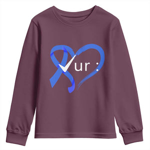 Funny Check Your Colon Colorectal Cancer Awareness Youth Sweatshirt Dark Blue Ribbon Heart TS11 Maroon Print Your Wear