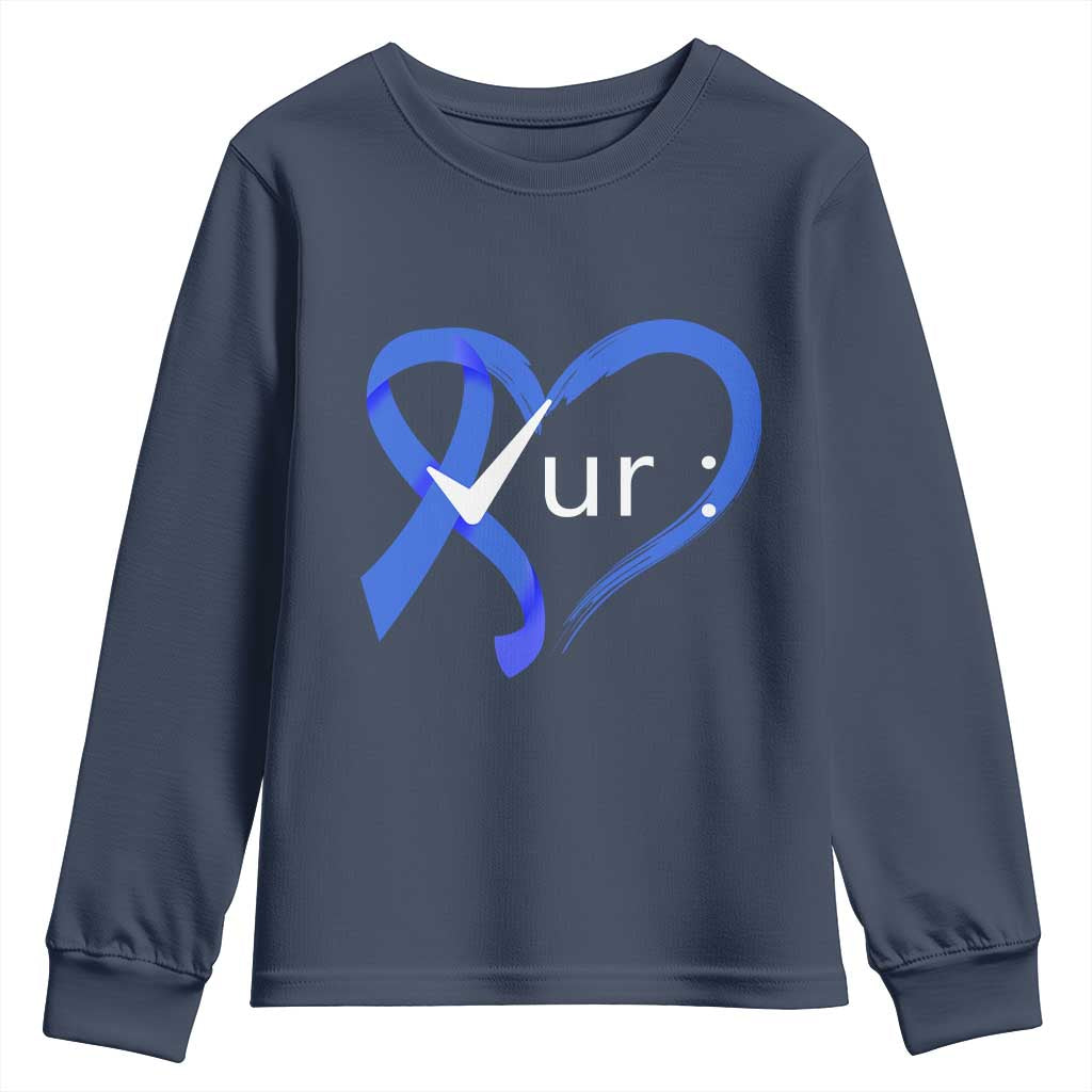 Funny Check Your Colon Colorectal Cancer Awareness Youth Sweatshirt Dark Blue Ribbon Heart TS11 Navy Print Your Wear