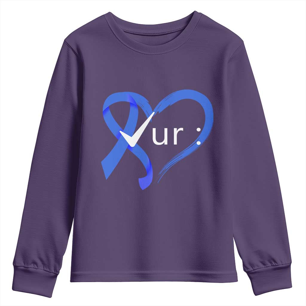 Funny Check Your Colon Colorectal Cancer Awareness Youth Sweatshirt Dark Blue Ribbon Heart TS11 Purple Print Your Wear