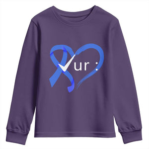 Funny Check Your Colon Colorectal Cancer Awareness Youth Sweatshirt Dark Blue Ribbon Heart TS11 Purple Print Your Wear