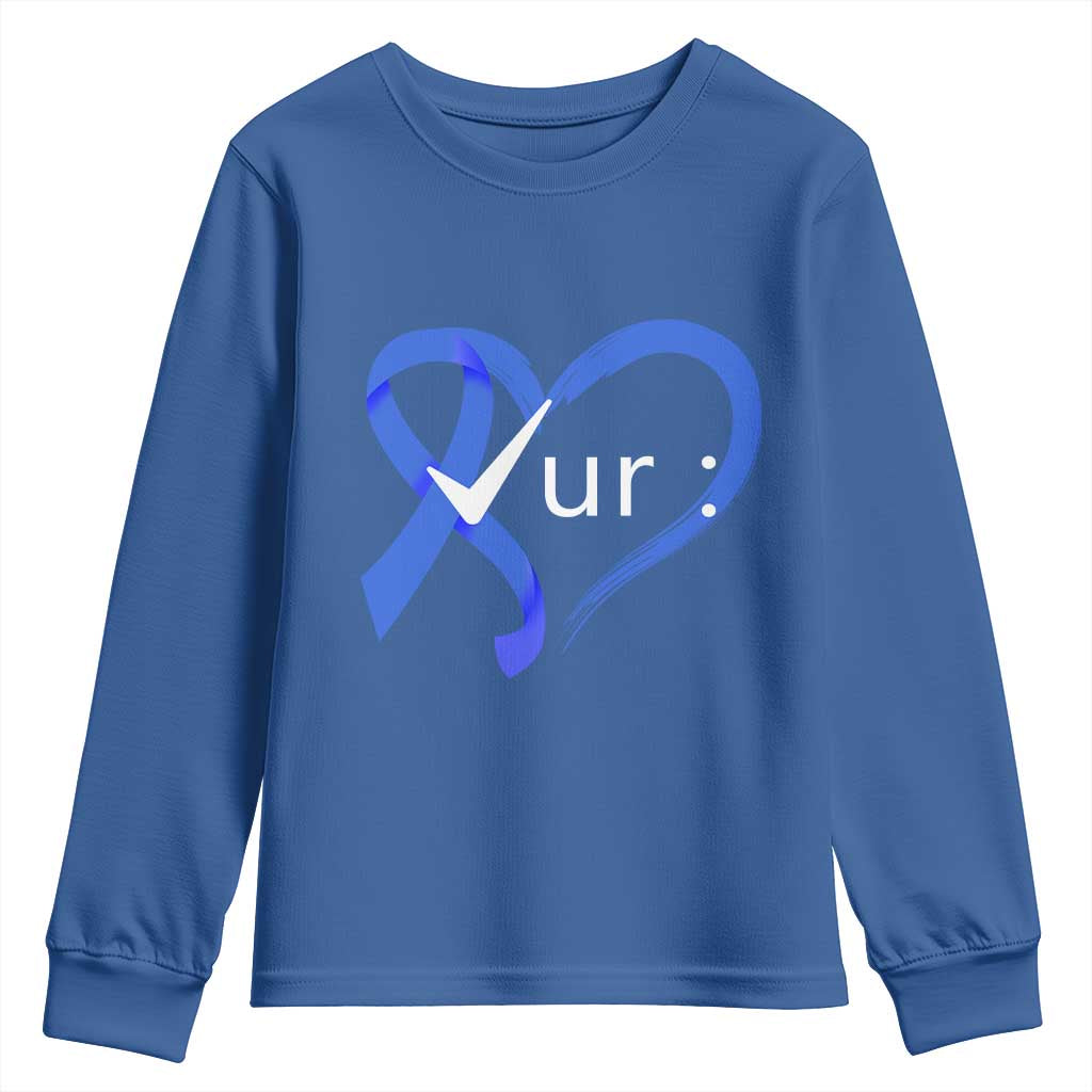Funny Check Your Colon Colorectal Cancer Awareness Youth Sweatshirt Dark Blue Ribbon Heart TS11 Royal Blue Print Your Wear