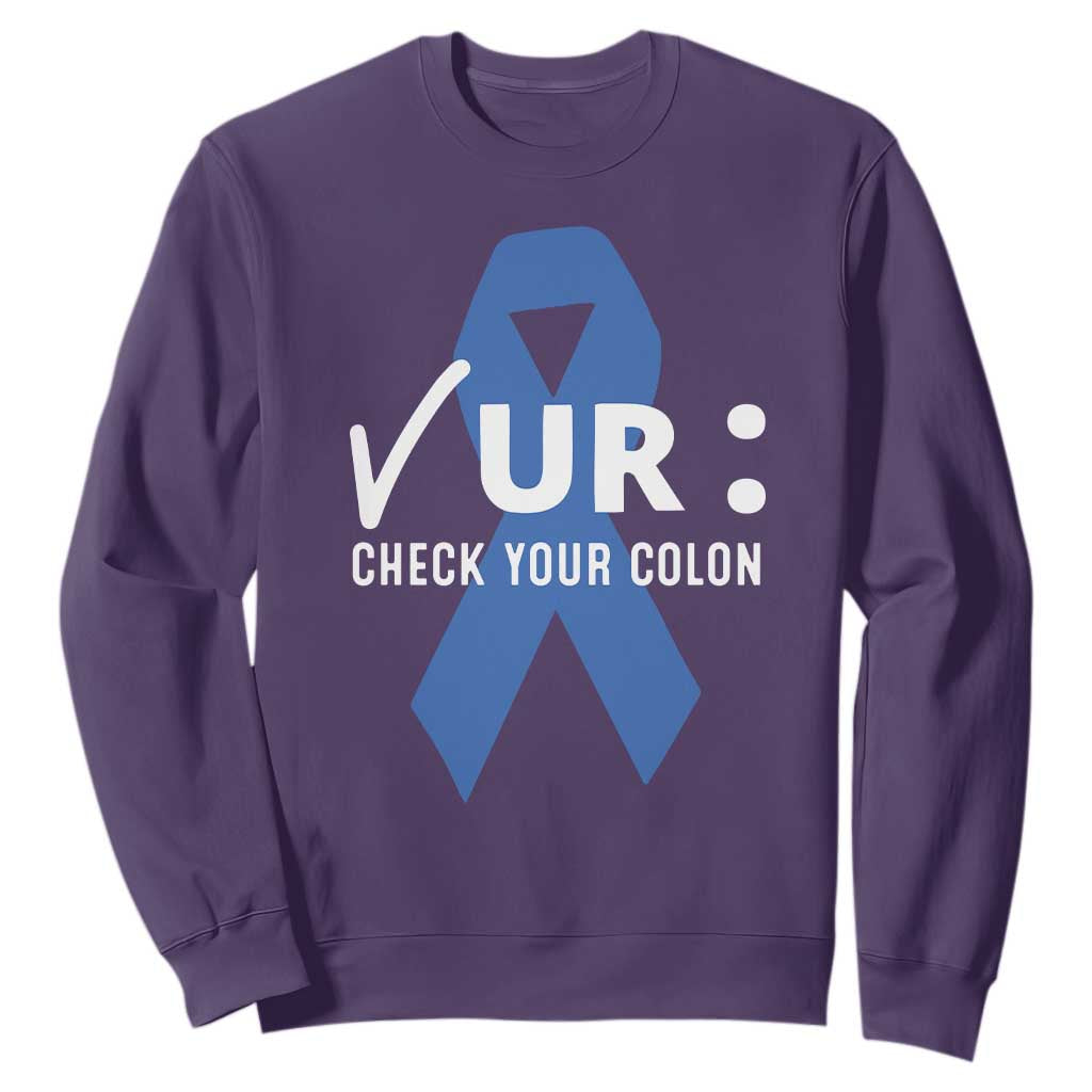 Funny Check Your Colon Colorectal Cancer Awareness Sweatshirt Dark Blue Ribbon TS11 Purple Print Your Wear