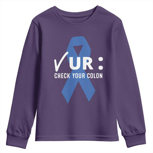 Funny Check Your Colon Colorectal Cancer Awareness Youth Sweatshirt Dark Blue Ribbon TS11 Purple Print Your Wear