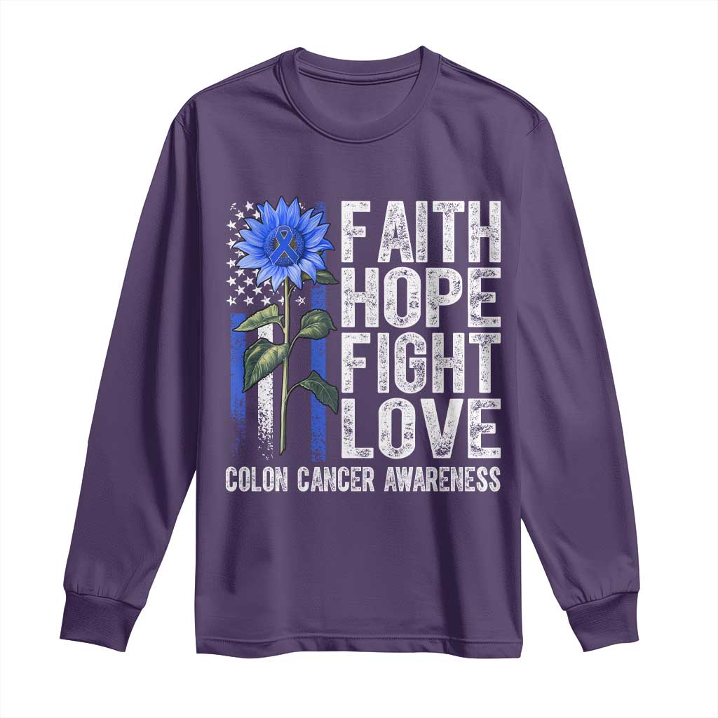 Colon Cancer Awareness Long Sleeve Shirt Faith Hope Fight Love Sunflower USA Flag TS11 Purple Print Your Wear