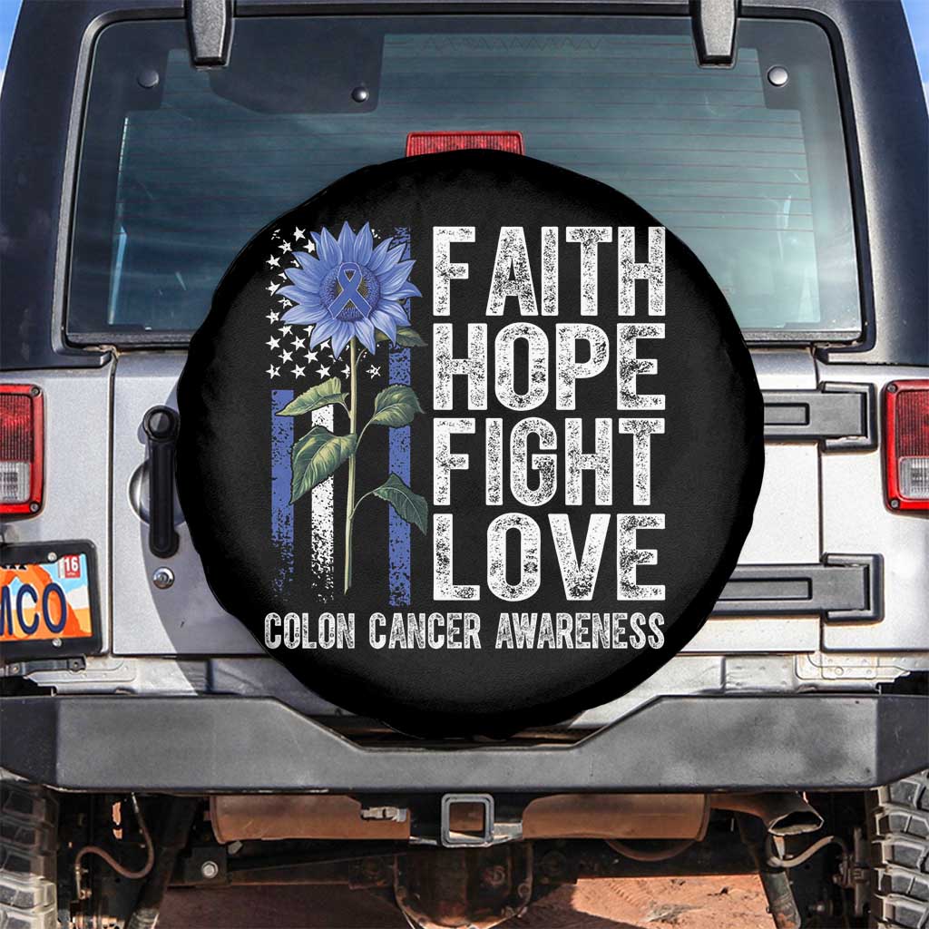 Colon Cancer Awareness Spare Tire Cover Faith Hope Fight Love Sunflower USA Flag TS11 No hole Black Print Your Wear