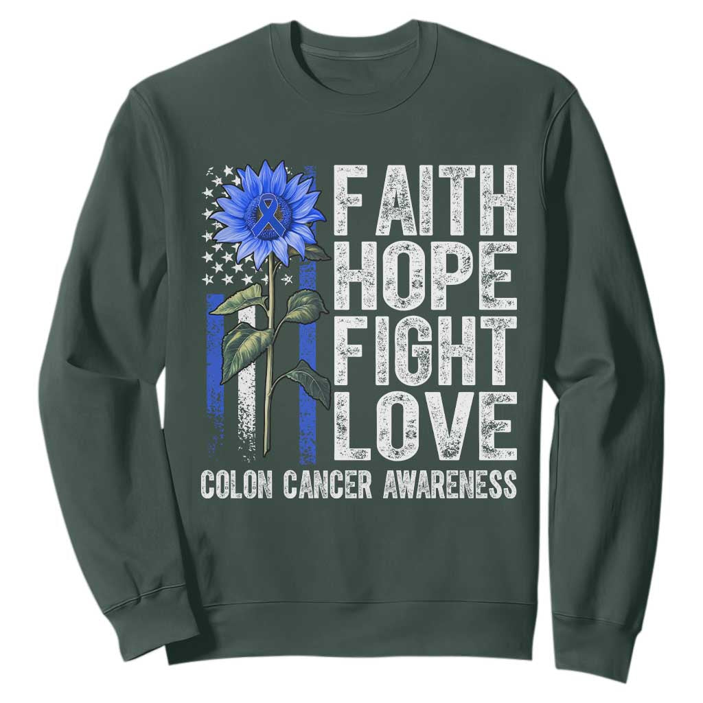 Colon Cancer Awareness Sweatshirt Faith Hope Fight Love Sunflower USA Flag TS11 Dark Forest Green Print Your Wear