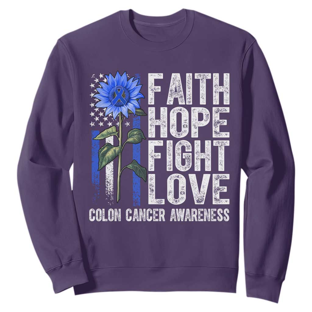 Colon Cancer Awareness Sweatshirt Faith Hope Fight Love Sunflower USA Flag TS11 Purple Print Your Wear