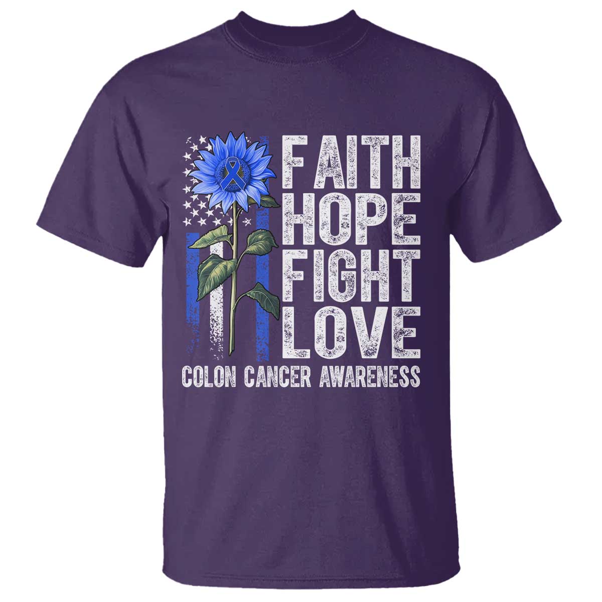 Colon Cancer Awareness T Shirt Faith Hope Fight Love Sunflower USA Flag TS11 Purple Print Your Wear