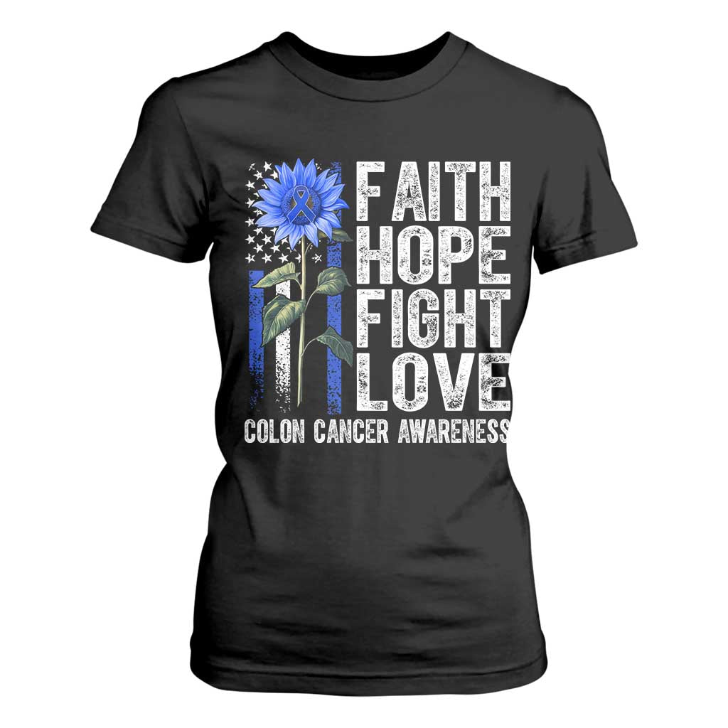 Colon Cancer Awareness T Shirt For Women Faith Hope Fight Love Sunflower USA Flag TS11 Black Print Your Wear