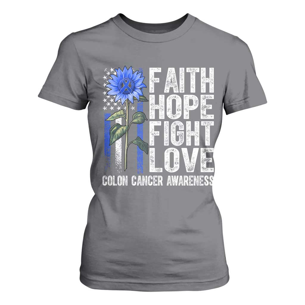 Colon Cancer Awareness T Shirt For Women Faith Hope Fight Love Sunflower USA Flag TS11 Charcoal Print Your Wear