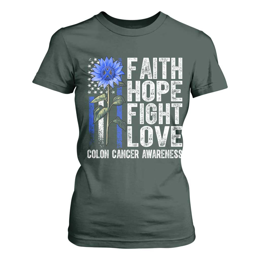 Colon Cancer Awareness T Shirt For Women Faith Hope Fight Love Sunflower USA Flag TS11 Dark Forest Green Print Your Wear