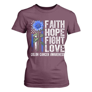Colon Cancer Awareness T Shirt For Women Faith Hope Fight Love Sunflower USA Flag TS11 Maroon Print Your Wear