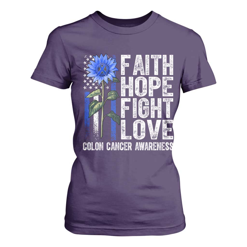 Colon Cancer Awareness T Shirt For Women Faith Hope Fight Love Sunflower USA Flag TS11 Purple Print Your Wear