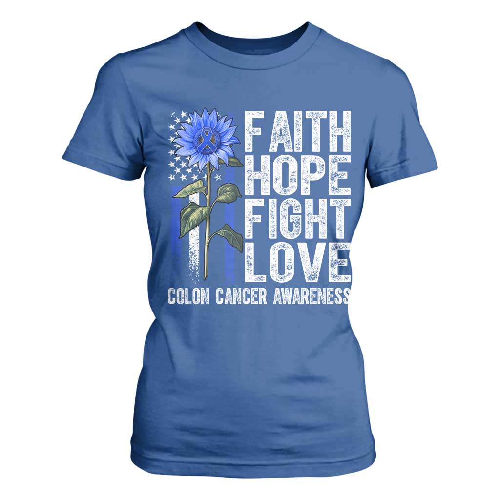 Colon Cancer Awareness T Shirt For Women Faith Hope Fight Love Sunflower USA Flag TS11 Royal Blue Print Your Wear