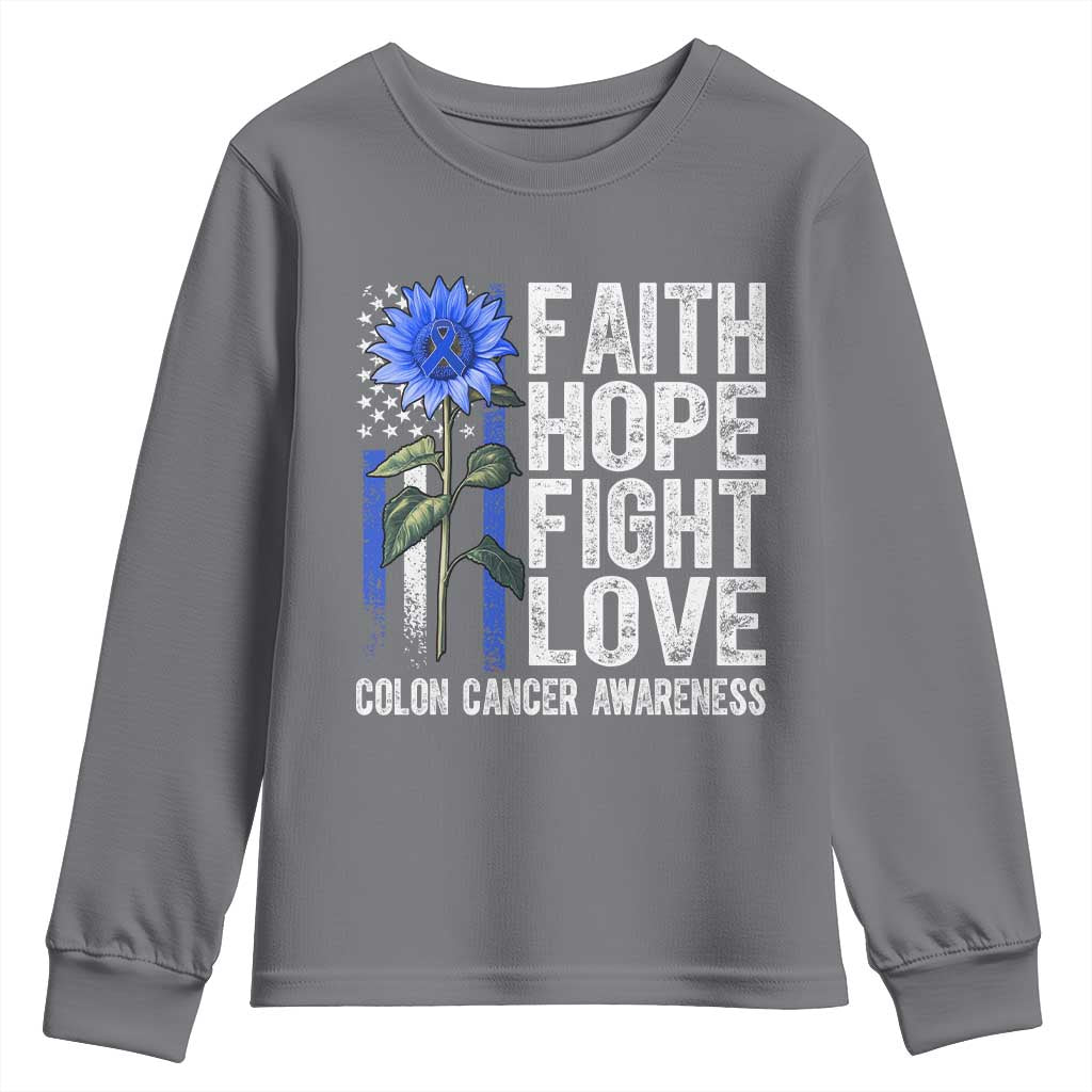 Colon Cancer Awareness Youth Sweatshirt Faith Hope Fight Love Sunflower USA Flag TS11 Charcoal Print Your Wear