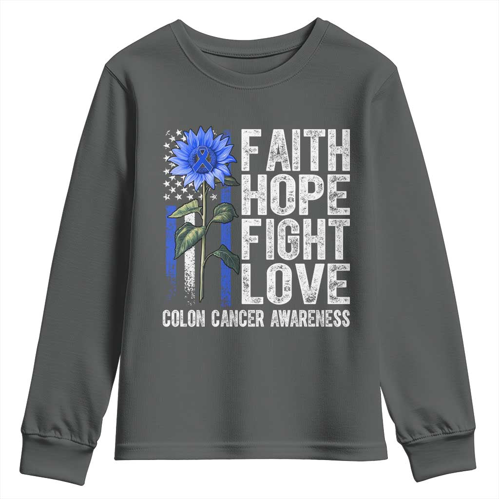 Colon Cancer Awareness Youth Sweatshirt Faith Hope Fight Love Sunflower USA Flag TS11 Dark Heather Print Your Wear