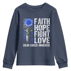 Colon Cancer Awareness Youth Sweatshirt Faith Hope Fight Love Sunflower USA Flag TS11 Navy Print Your Wear