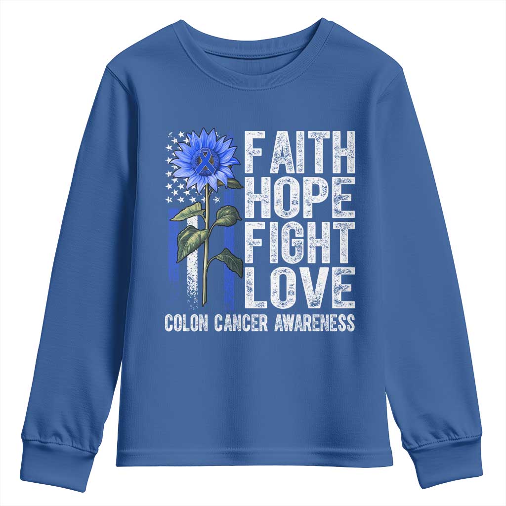 Colon Cancer Awareness Youth Sweatshirt Faith Hope Fight Love Sunflower USA Flag TS11 Royal Blue Print Your Wear
