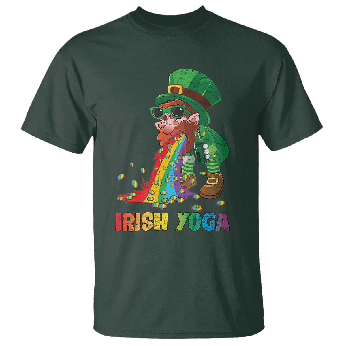 Funny Irish Yoga St Patrick's Day Beer Drinking T Shirt Drunk Leprechaun TS11 Dark Forest Green Print Your Wear
