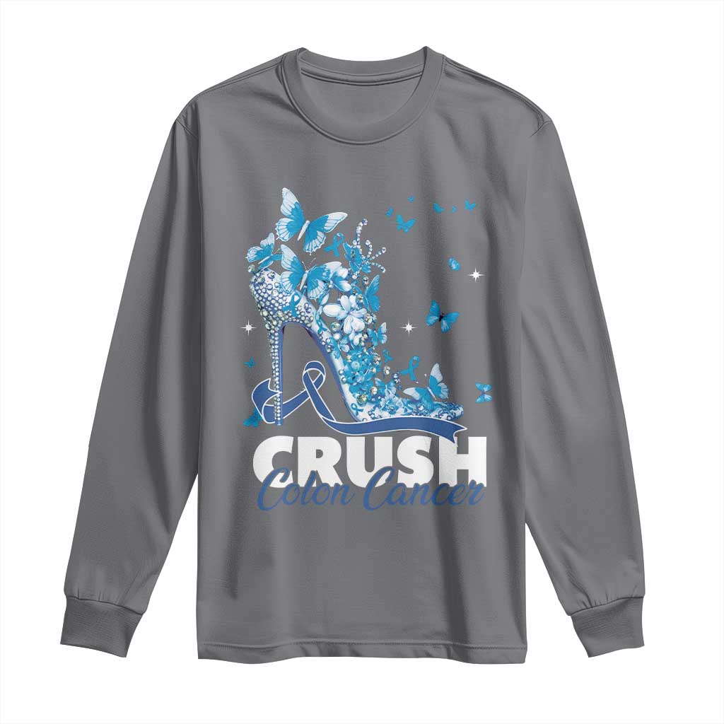 Crush Colon Cancer Long Sleeve Shirt Colorectal Cancer Awareness Bling Blue Ribbon High Heel TS11 Charcoal Print Your Wear